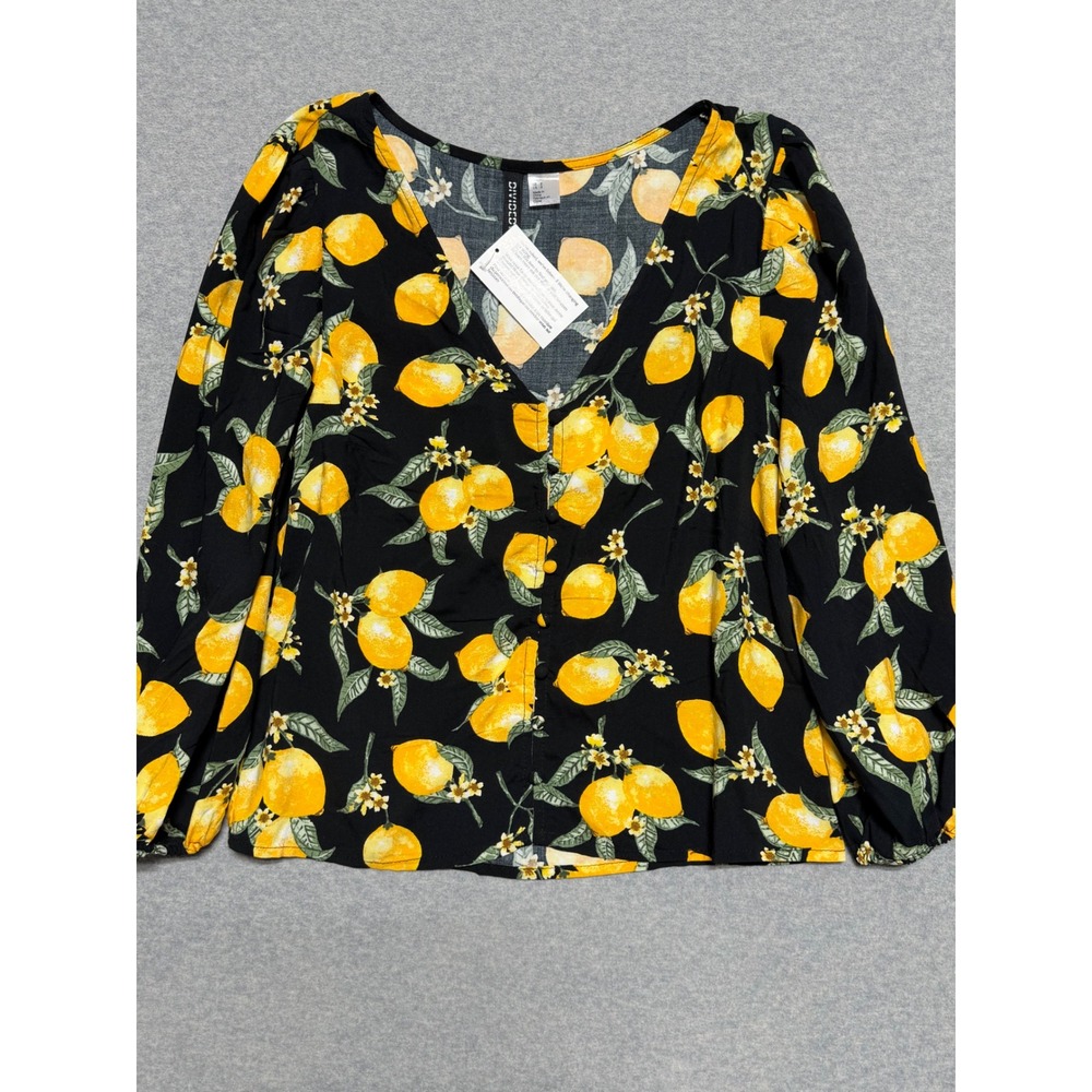 HM Divided Women Black Lemon Print Button Front V-Neck Viscose Blouse Size 2
